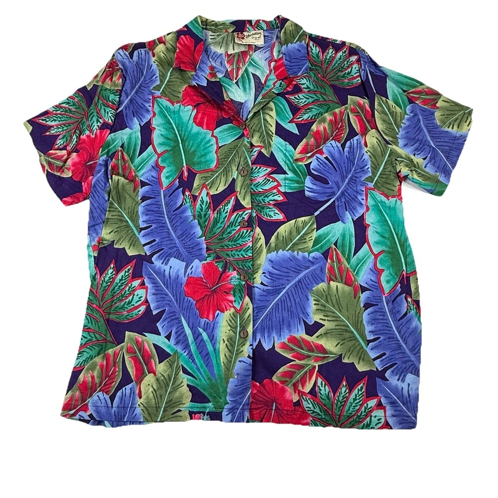 VTG Hilo Hattie Hawaiian Shirt Tropical Leaf AOP Men's L Short Sleeve Button Up